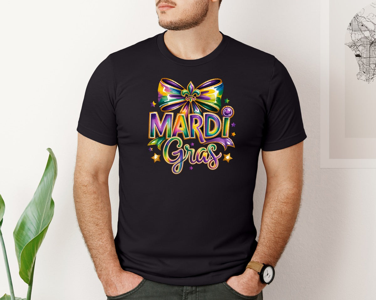 brand:Bella Canvas|color:Black|Brushstroke Coquette Mardi Gras Bow Graphic T-Shirt