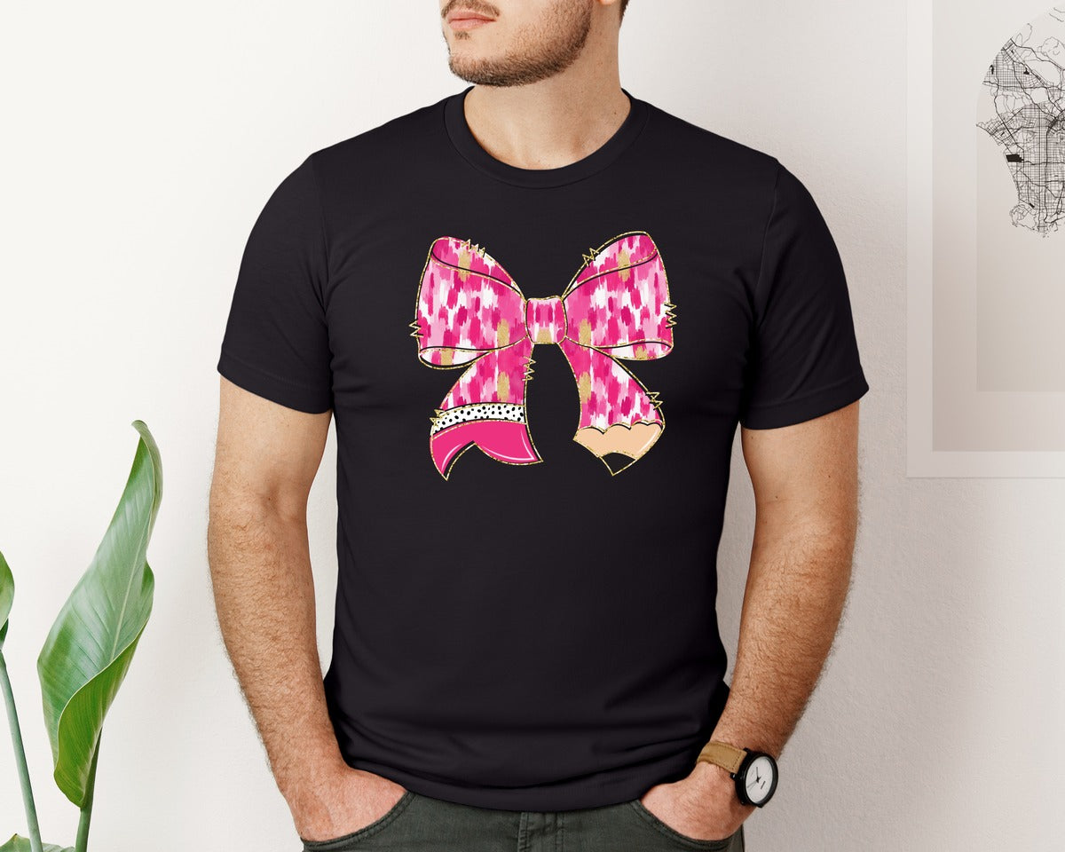 brand:Bella Canvas|color:Black|Valentine Teacher Pencil Bow Graphic T-Shirt