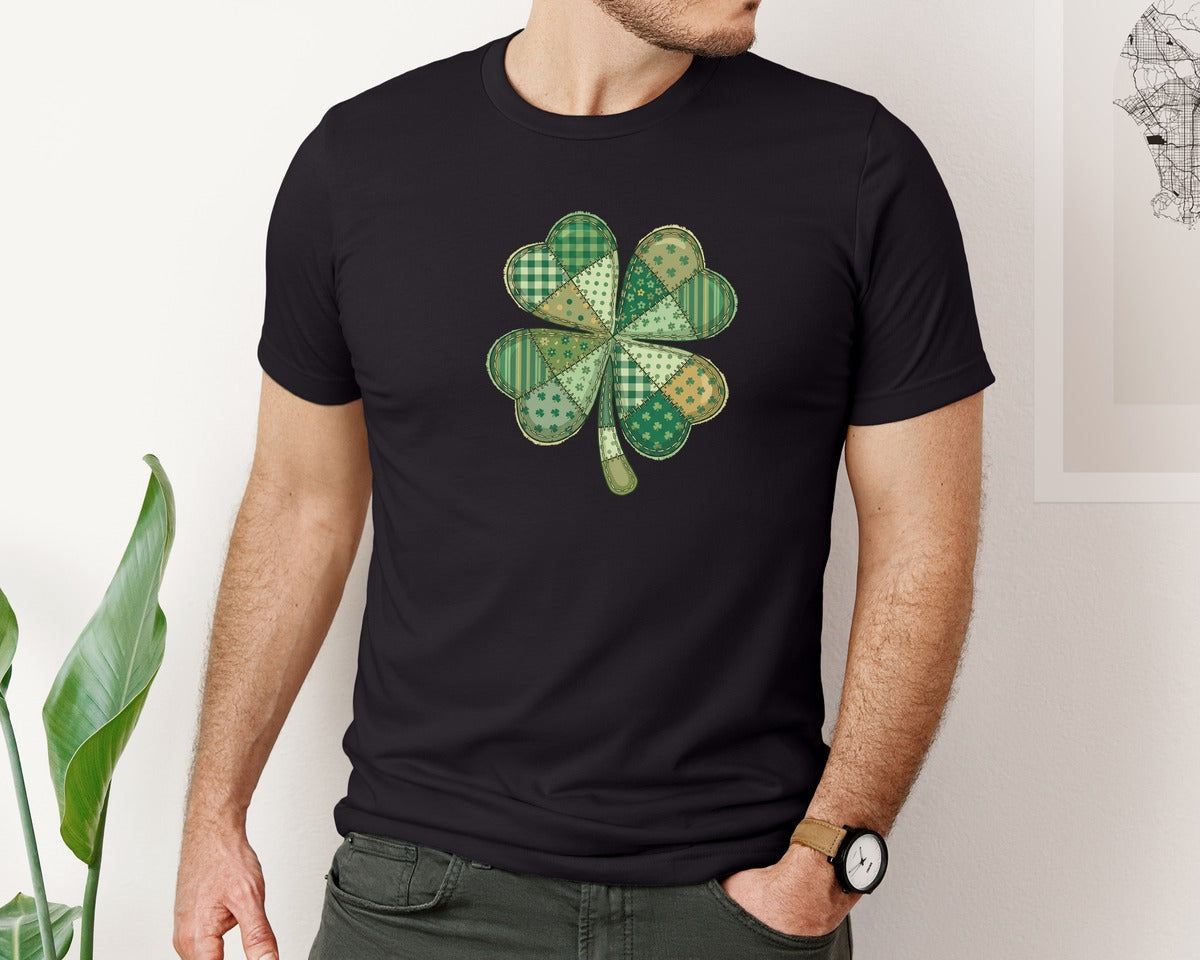 brand:Bella Canvas|color:Black|St Patricks Day Patchwork Shamrock Graphic T-Shirt