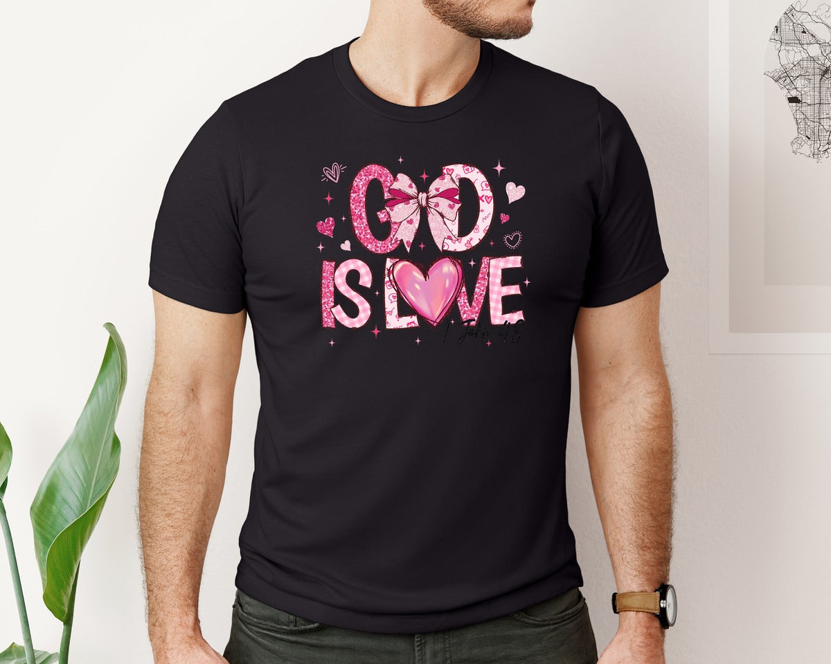 brand:Bella Canvas|color:Black|God Is Love Pink Glitter Christian Graphic T-Shirt