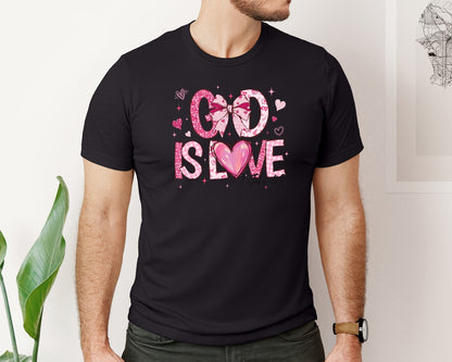 brand:Bella Canvas|color:Black|God Is Love Pink Glitter Christian Graphic T-Shirt