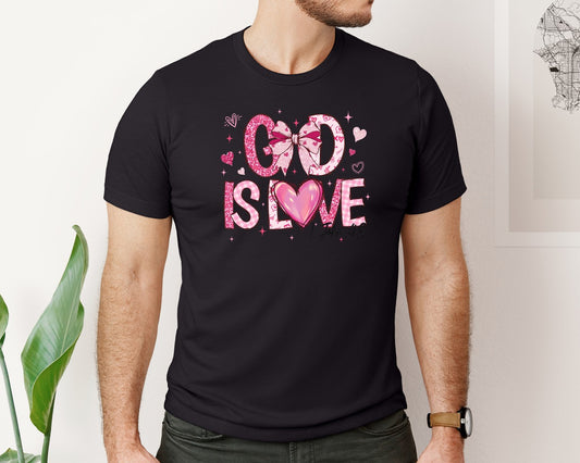 God Is Love Pink Glitter Christian Graphic T-Shirt