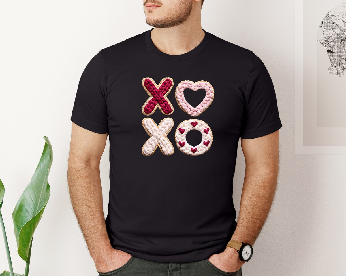 brand:Bella Canvas|color:Black|Faux Yarn Crochet Xoxo Valentines 2 Graphic T-Shirt