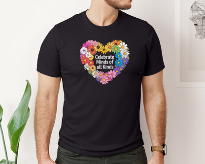 brand:Bella Canvas|color:Black|Floral Celebrate Minds Of All Kinds 2 Graphic T-Shirt