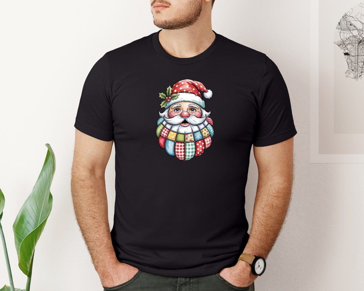 brand:Bella Canvas|color:Black|Patchwork Santa Claus 2 Graphic T-Shirt