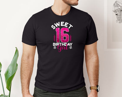 brand:Bella Canvas|color:Black|Sweet 16 Birthday Girl Typography Design Graphic T-Shirt