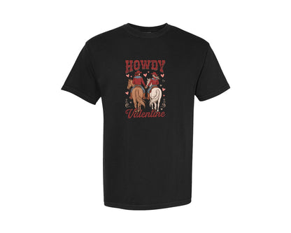 brand:Comfort Colors|color:Black|Howdy Valentine Cowboy Couple Graphic T-Shirt
