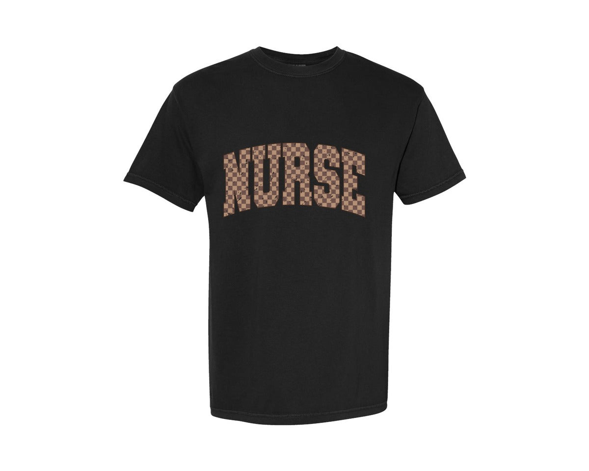brand:Comfort Colors|color:Black|Nurse Retro Checkered Nurse Varsity Graphic T-Shirt