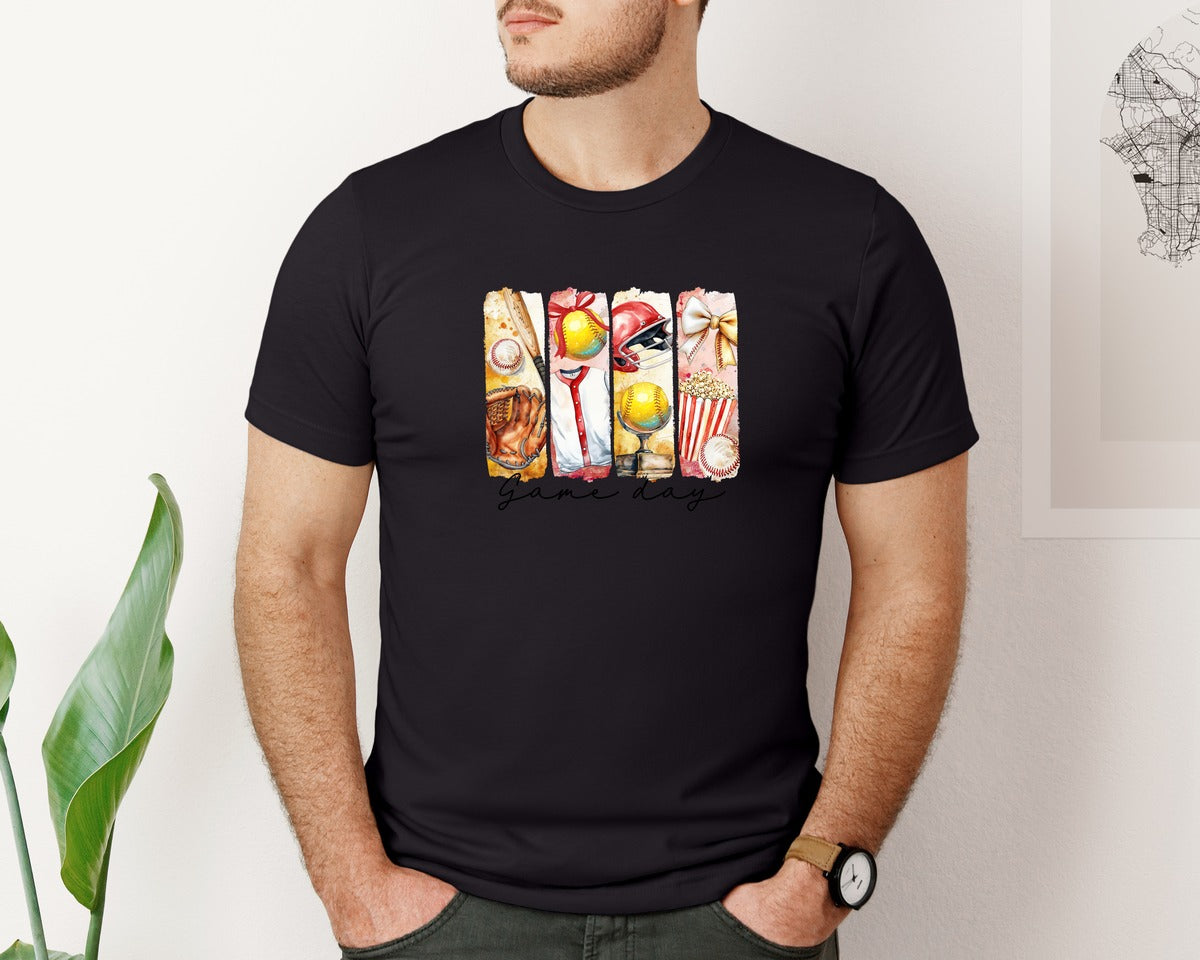 brand:Bella Canvas|color:Black|Softball Baseball Game Day Graphic T-Shirt