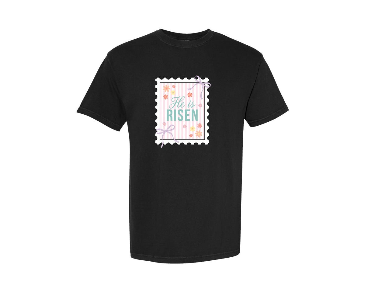 brand:Comfort Colors|color:Black|He Is Risen Christian Easter Stamp Graphic T-Shirt