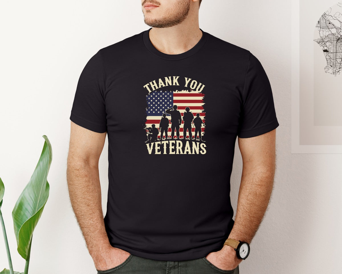 brand:Bella Canvas|color:Black|Thank You Veterans American Flag Silhoue Graphic T-Shirt