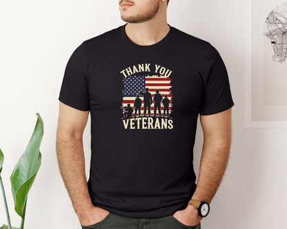 brand:Bella Canvas|color:Black|Thank You Veterans American Flag Silhoue Graphic T-Shirt