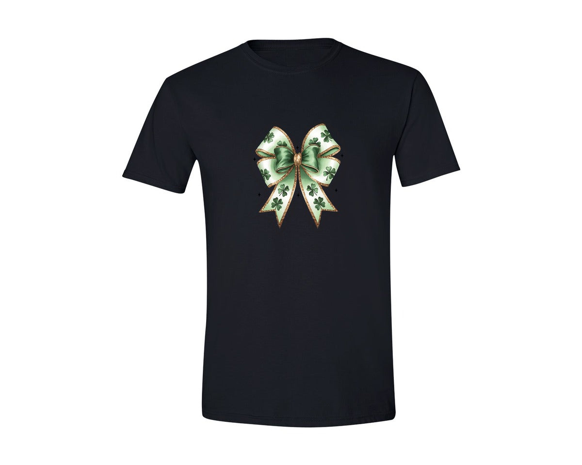 brand:Generic|color:Black|St Patricks Shamrock Bow Glitter Graphic T-Shirt