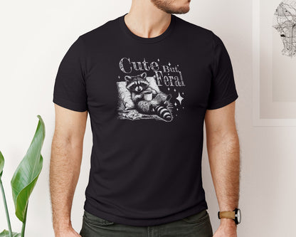 brand:Bella Canvas|color:Black|Cute But Feral Raccoon With Coffee Shirt Graphic T-Shirt