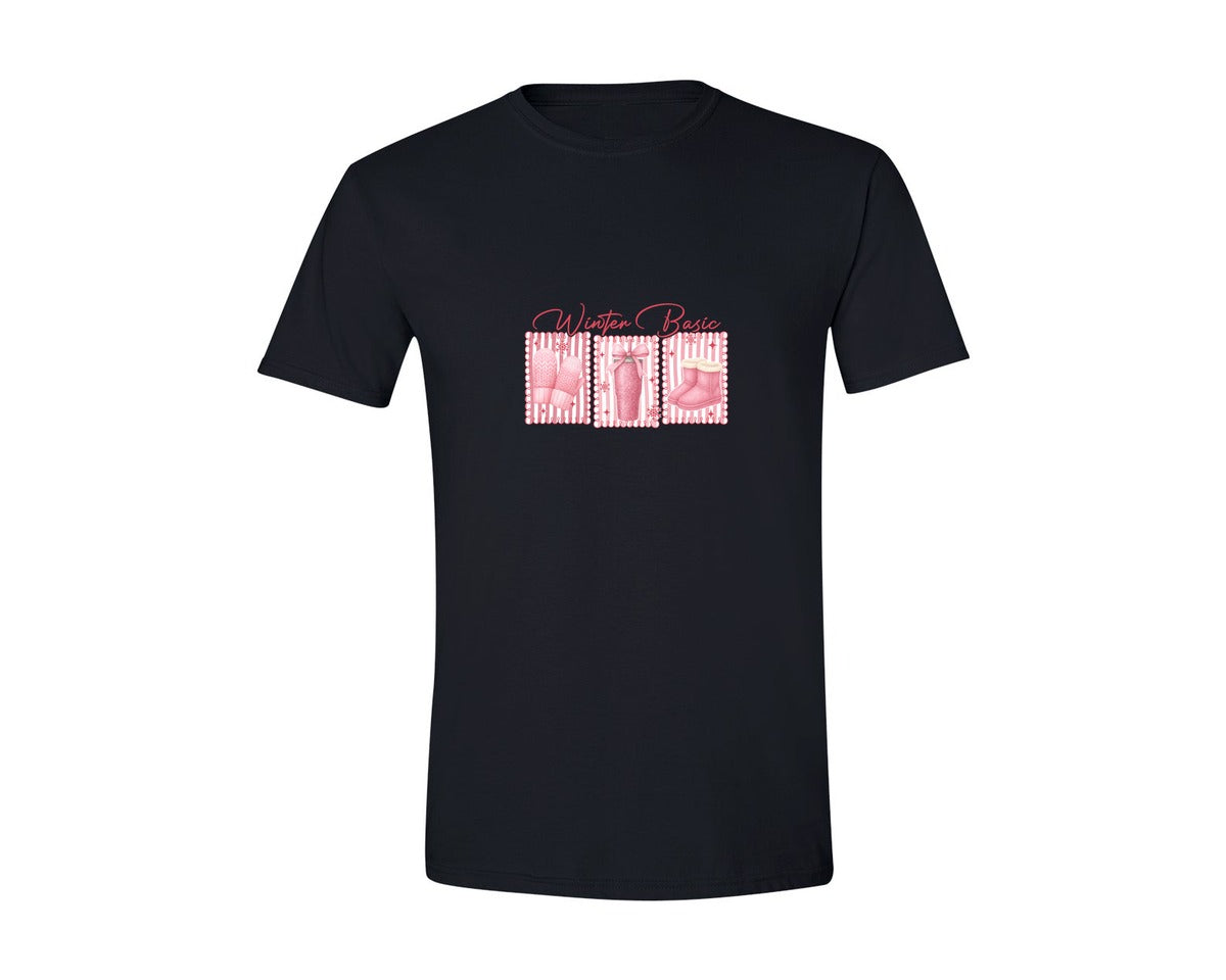 brand:Generic|color:Black|Winter Basic Pink Cozy Mittens Boot Graphic T-Shirt