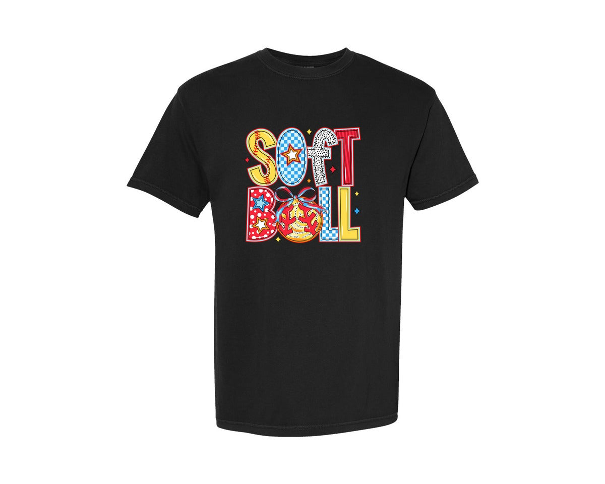 brand:Comfort Colors|color:Black|Retro Softball Coquette Pngsoftball Graphic T-Shirt