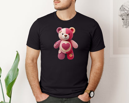 brand:Bella Canvas|color:Black|Patchwork Pink Teddy Bear Teddy Graphic T-Shirt