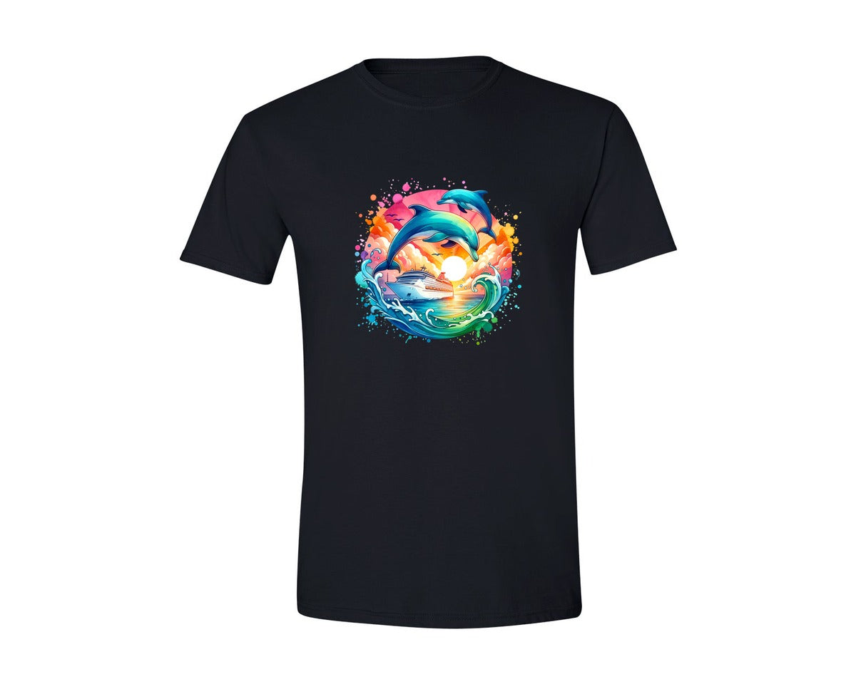 brand:Generic|color:Black|Colorful Cruise Ship Dolphin Graphic T-Shirt