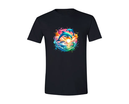 brand:Generic|color:Black|Colorful Cruise Ship Dolphin Graphic T-Shirt
