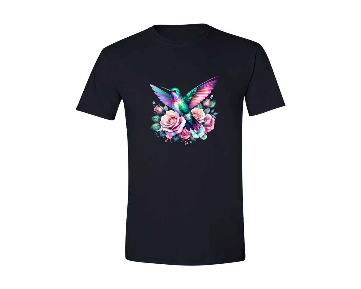 brand:Generic|color:Black|Iridescent Hummingbird Rose Flowers Graphic T-Shirt