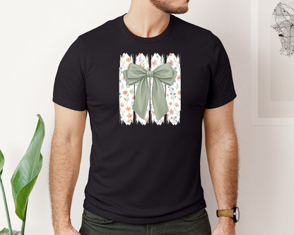 brand:Bella Canvas|color:Black|Sage Green Floral Bow Watercolor Graphic T-Shirt