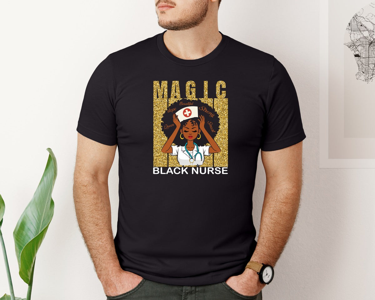 brand:Bella Canvas|color:Black|Golden Glitter Black Nurse Magic Graphic T-Shirt