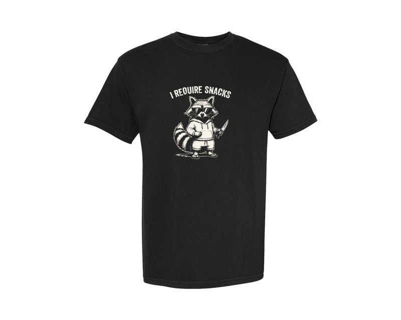 brand:Comfort Colors|color:Black|I Require Snacks Raccoon Shirt Graphic T-Shirt