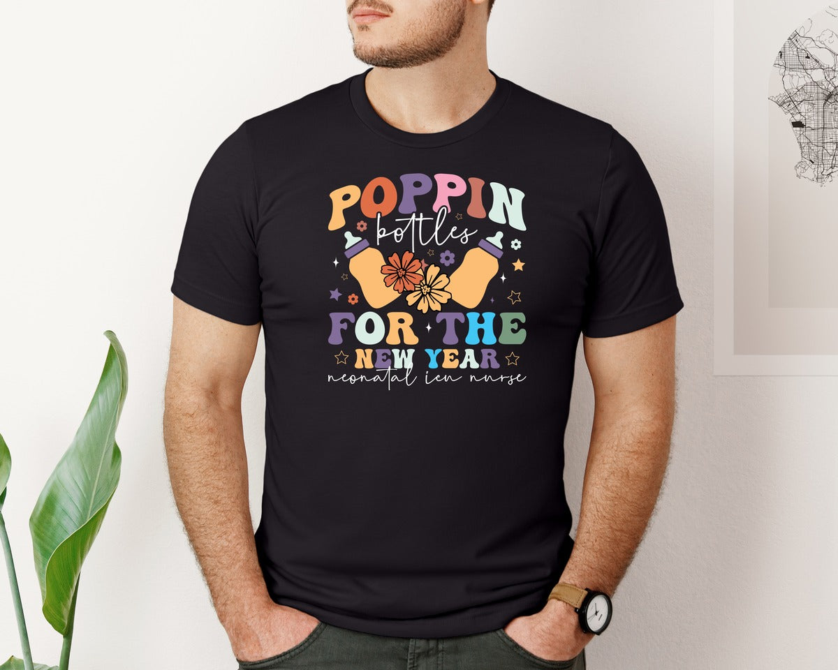 brand:Bella Canvas|color:Black|Poppin Bottles For The New Year Neonatal Graphic T-Shirt