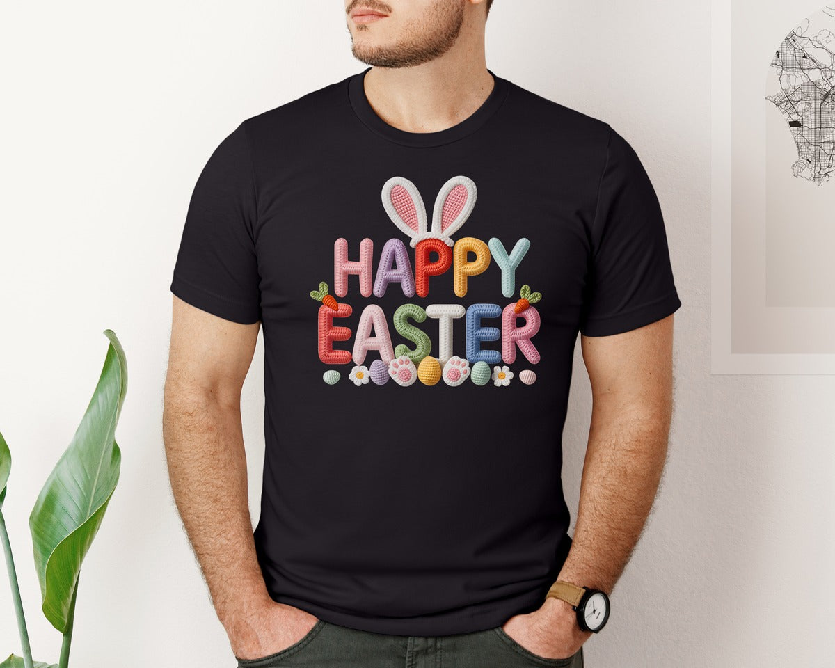 brand:Bella Canvas|color:Black|Easter Bunny Faux Yarn Easter 6 Graphic T-Shirt