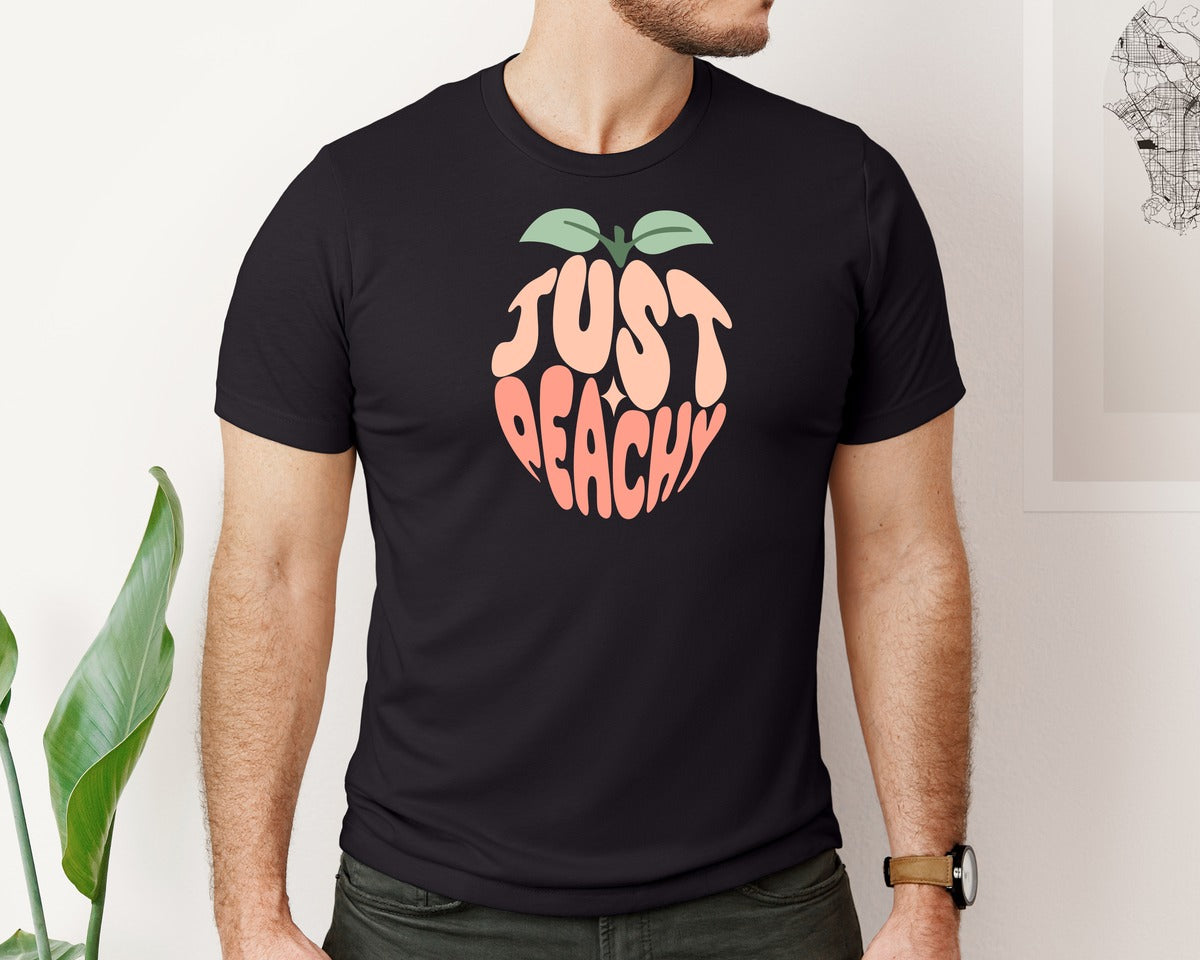 brand:Bella Canvas|color:Black|Just Peachy Word Art Peach Graphic T-Shirt