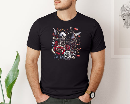 Gothic Skeleton Cupid With Roses And Bat Graphic T-Shirt