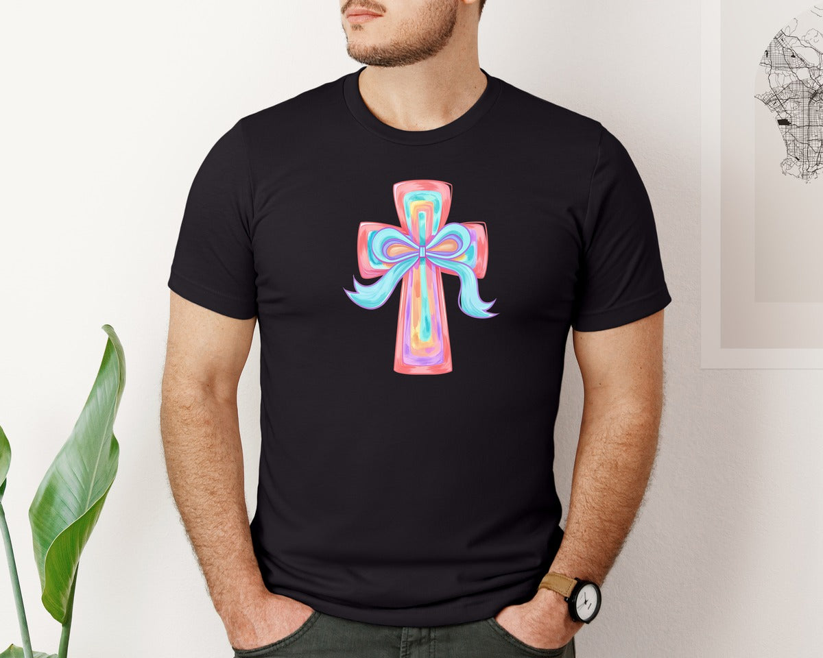 brand:Bella Canvas|color:Black|Cross Easter Pink Brushstroke 5 Graphic T-Shirt