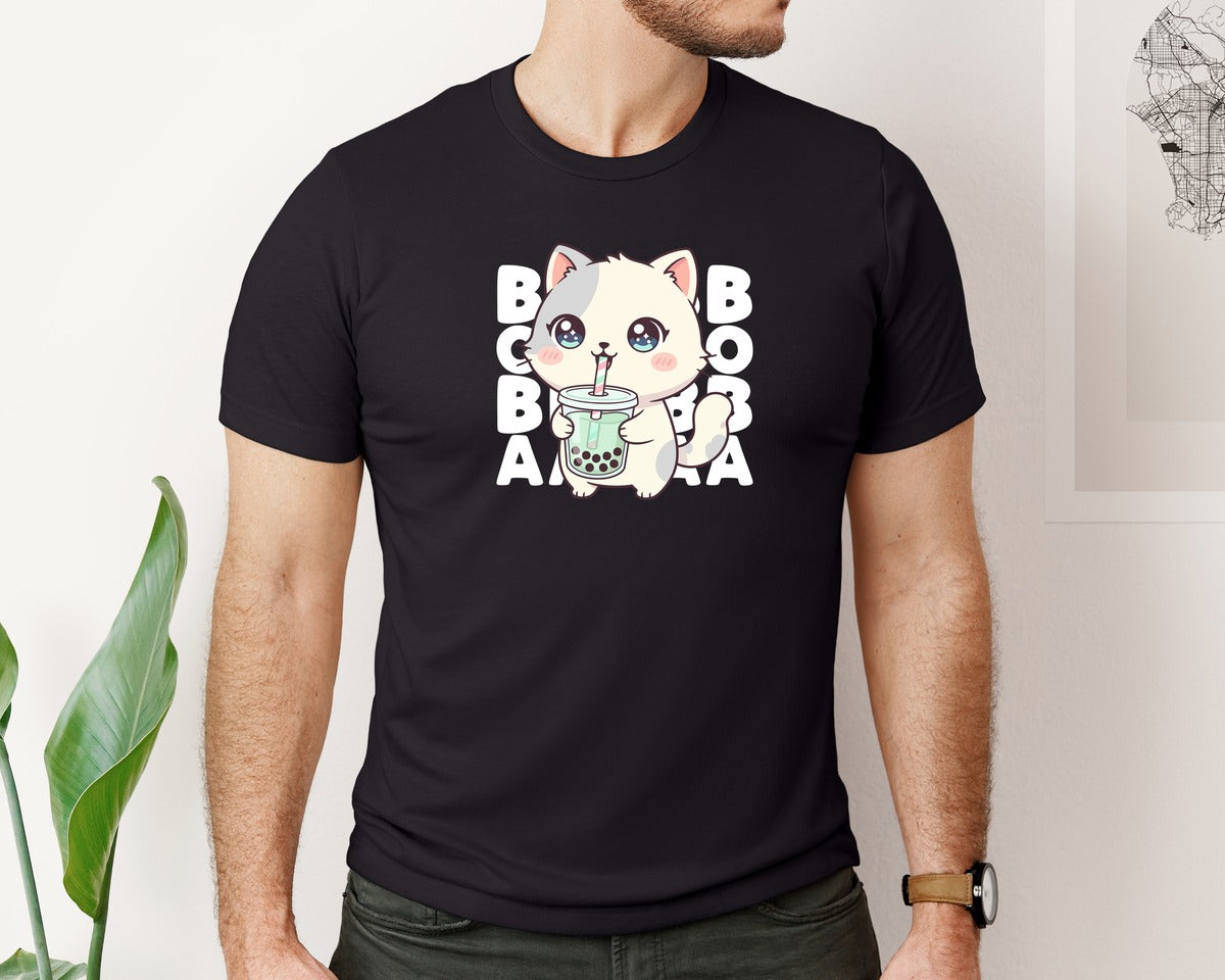 brand:Bella Canvas|color:Black|Kawaii Kitty Bubble Tea T Shirt Design Graphic T-Shirt