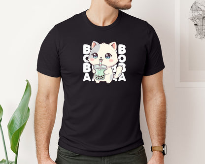 brand:Bella Canvas|color:Black|Kawaii Kitty Bubble Tea T Shirt Design Graphic T-Shirt