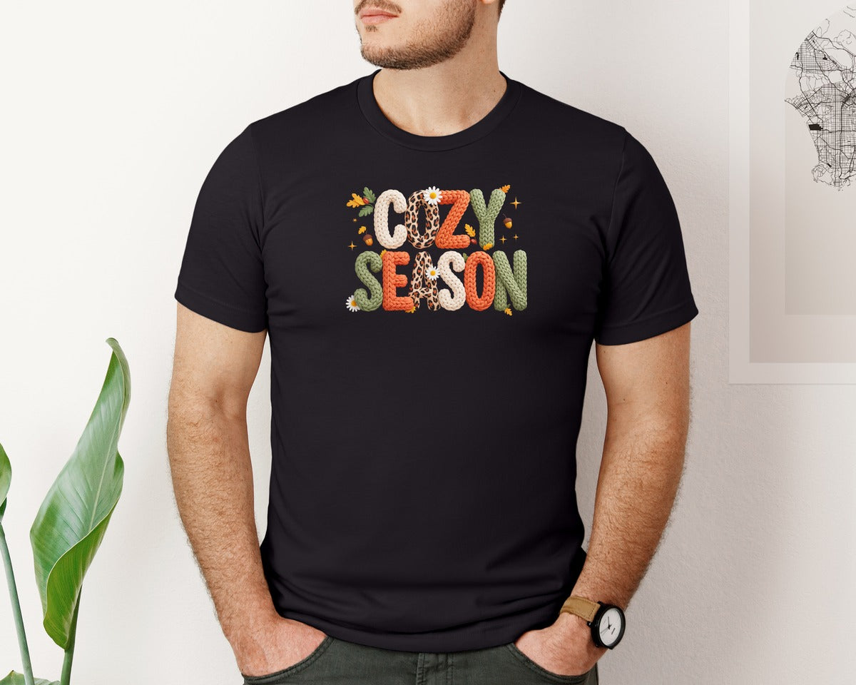 brand:Bella Canvas|color:Black|Preppy Leopard Cozy Season Faux Yarn Graphic T-Shirt