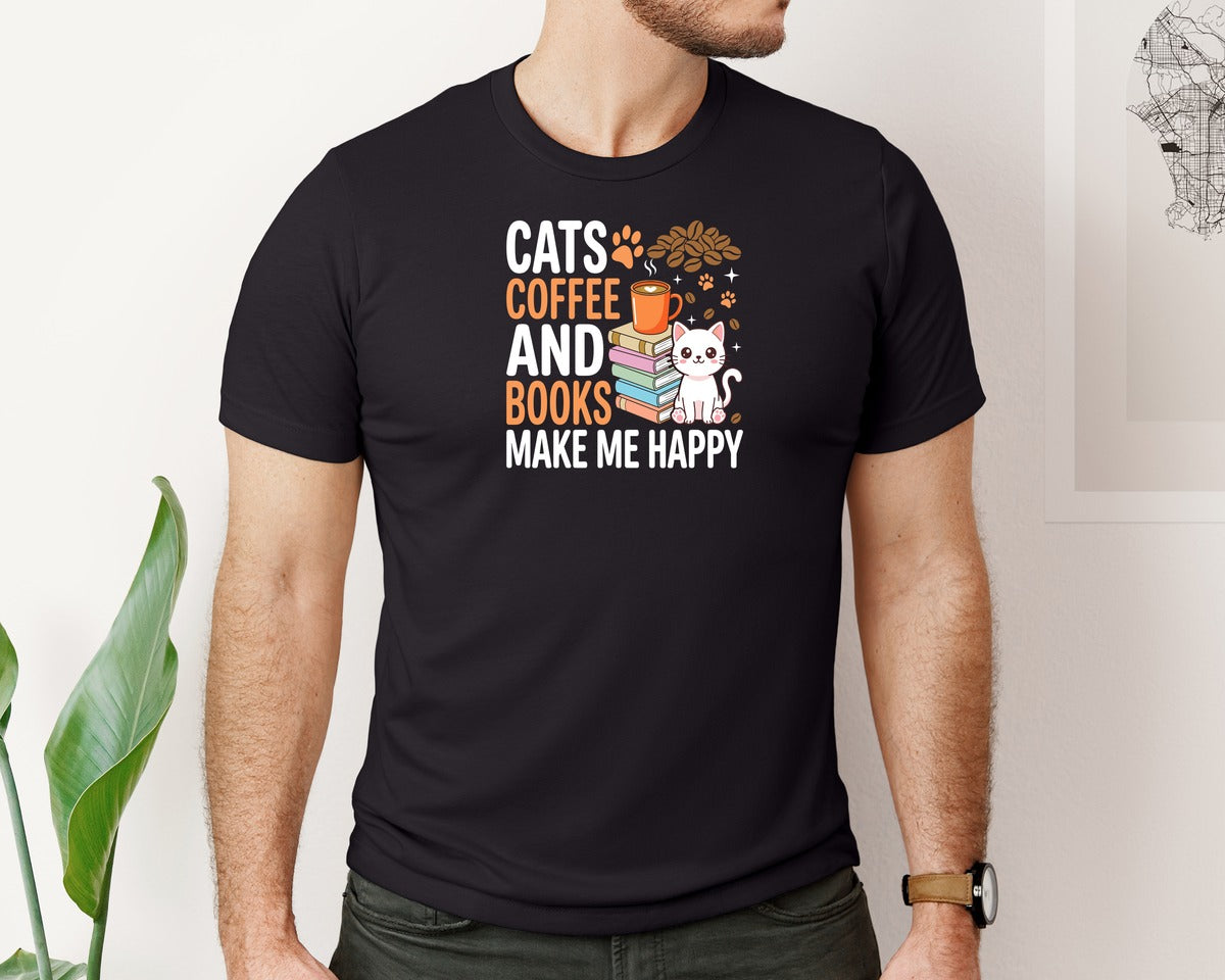 brand:Bella Canvas|color:Black|Cats Coffee And Books Happy T Shirt Graphic T-Shirt