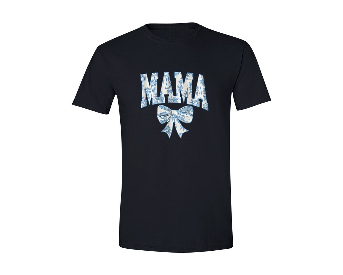 brand:Generic|color:Black|Mama Floral Bow Blue Vintage Graphic T-Shirt
