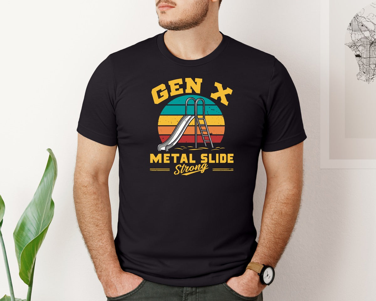 brand:Bella Canvas|color:Black|Gen X Metal Slide Strong Nostalgia Graphic T-Shirt
