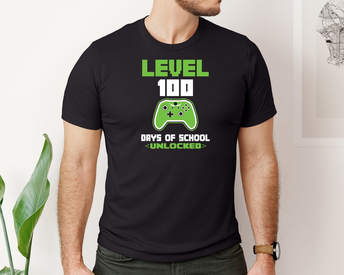 brand:Bella Canvas|color:Black|Level 100 Days Of School Unlocked 44 Graphic T-Shirt