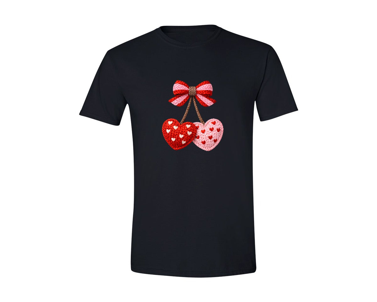 brand:Generic|color:Black|Heart Crochet Yarn Valentines Day Graphic T-Shirt
