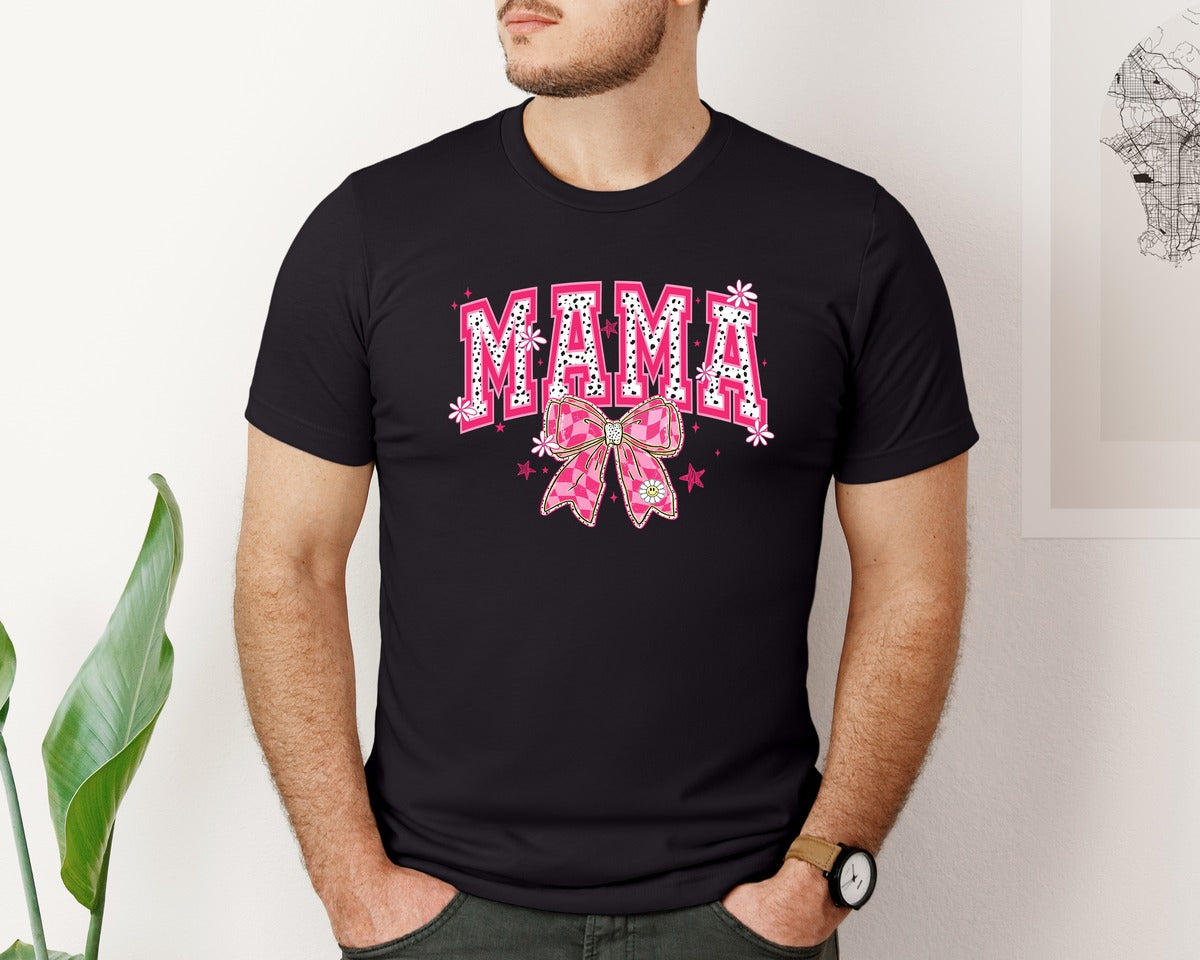 brand:Bella Canvas|color:Black|Coquette Mama Pink Bow Retro Spring Graphic T-Shirt