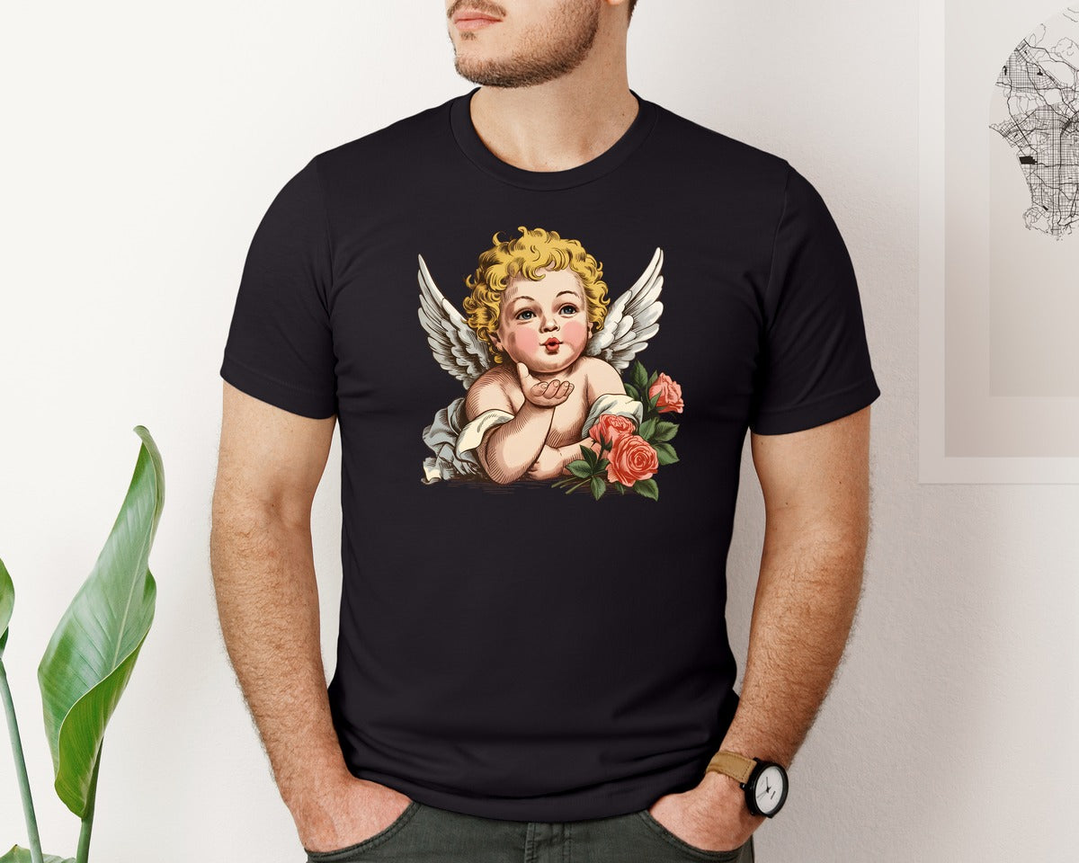 brand:Bella Canvas|color:Black|Vintage Cherub Angel Valentine Graphic T-Shirt