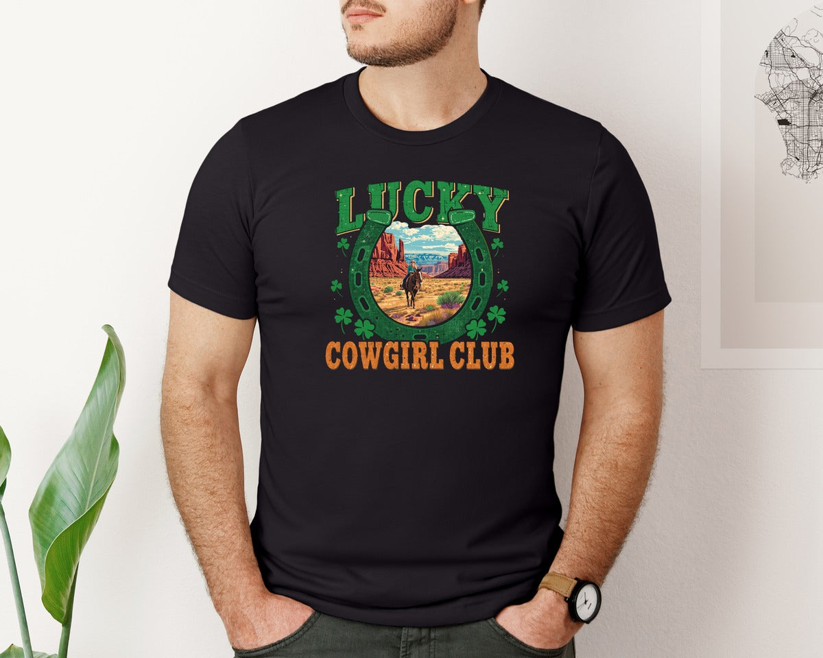 brand:Bella Canvas|color:Black|Lucky Cowgirl Club St Patricks Day Graphic T-Shirt