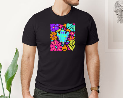 brand:Bella Canvas|color:Black|Neon Halloween Floral Ghost Graphic T-Shirt