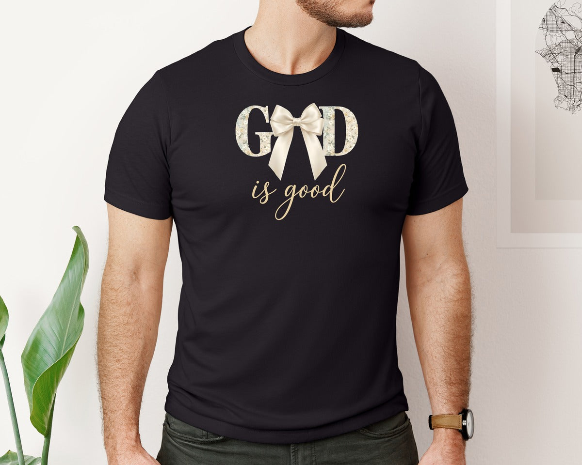 brand:Bella Canvas|color:Black|God Is Good Floral Bow Christian Graphic T-Shirt