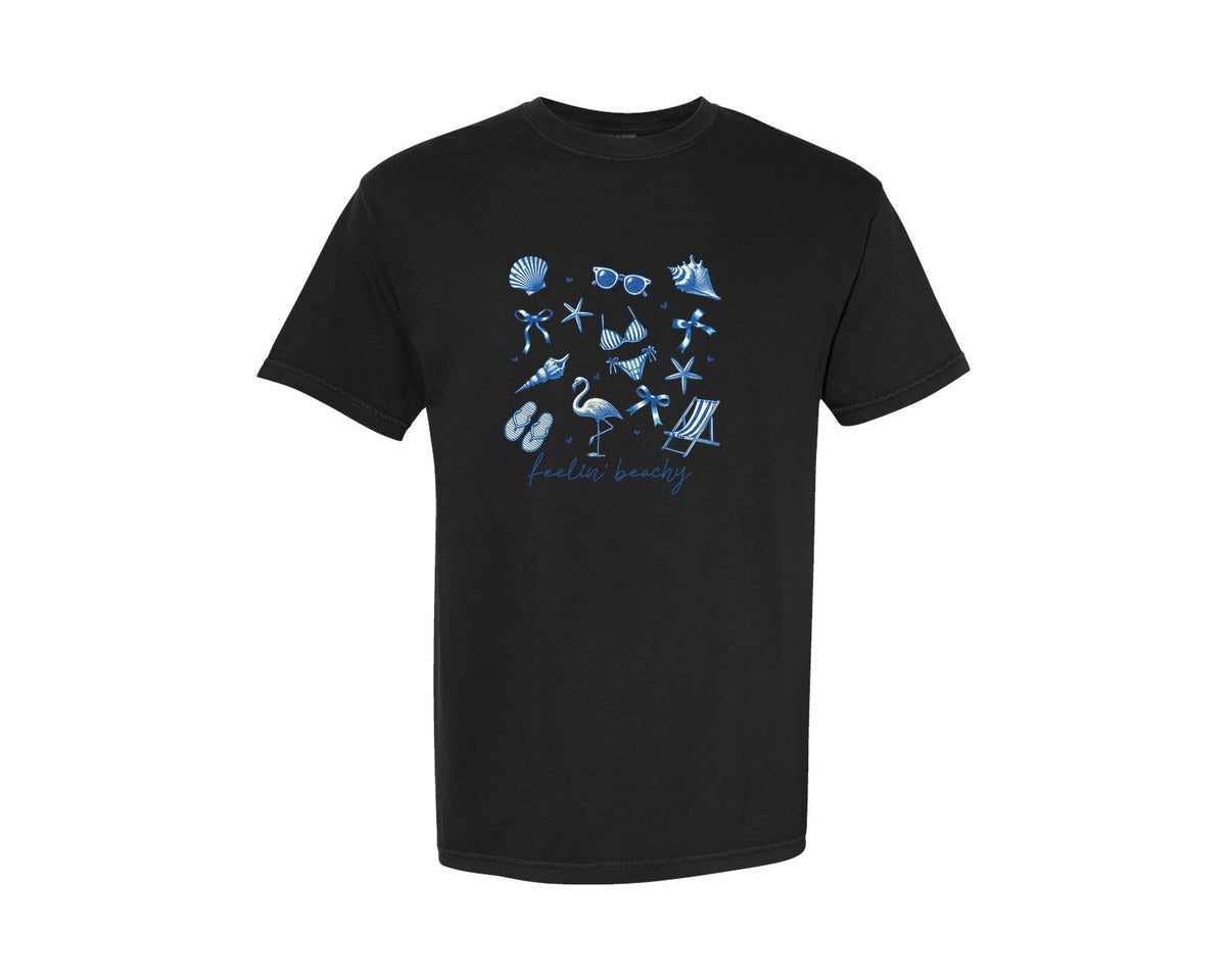 brand:Comfort Colors|color:Black|Vintage Blue Summer Beach Coquette Bow Graphic T-Shirt