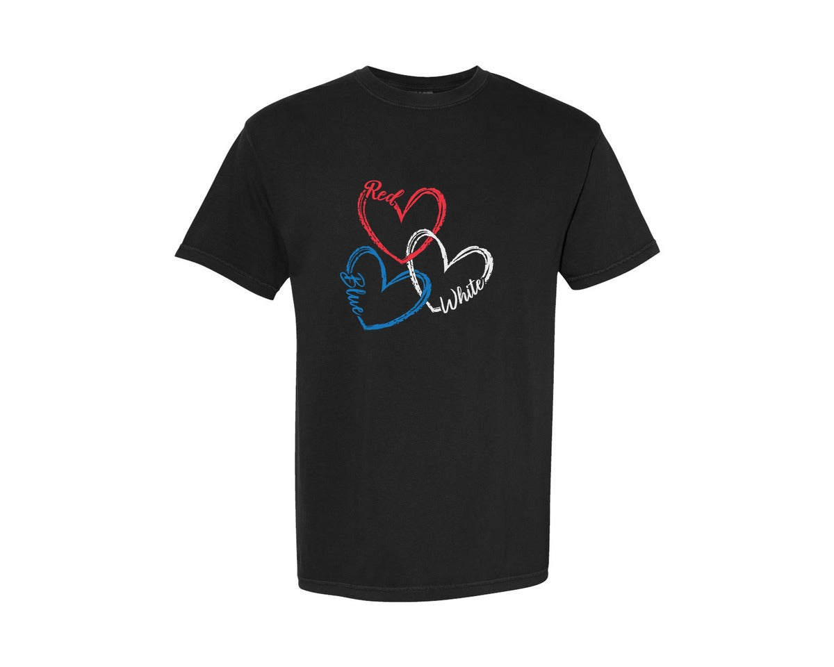 brand:Comfort Colors|color:Black|4Th Of July Heart Svgred White Blue Graphic T-Shirt