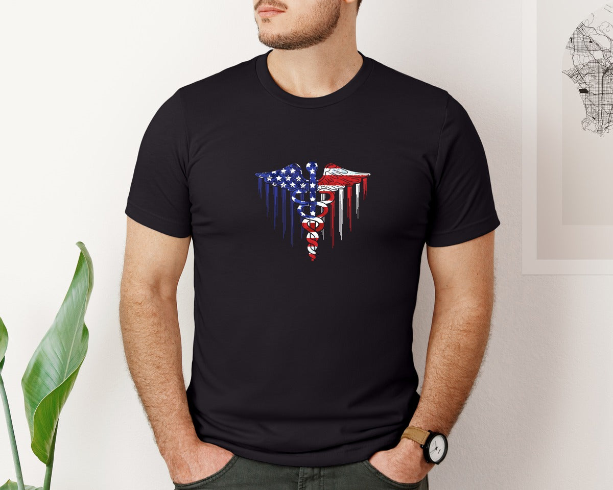 brand:Bella Canvas|color:Black|American Flag Caduceus 4Th Of July Graphic T-Shirt