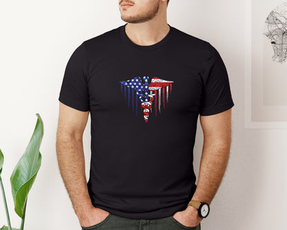 brand:Bella Canvas|color:Black|American Flag Caduceus 4Th Of July Graphic T-Shirt