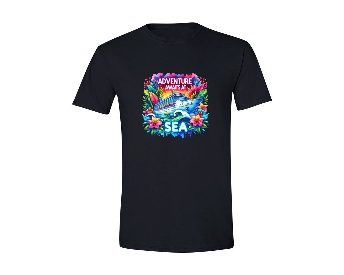 brand:Generic|color:Black|Adventure Awaits At Sea Cruise Ship Graphic T-Shirt